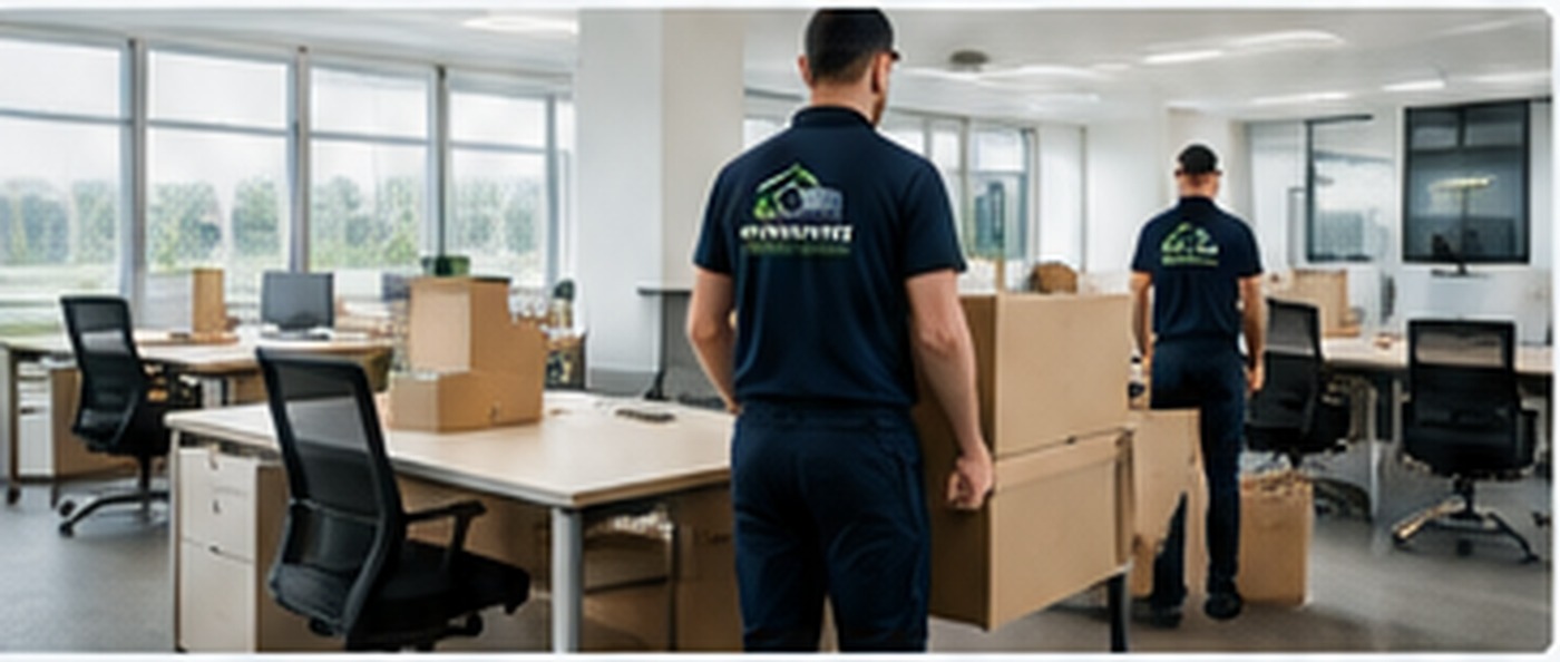 Removal team moving office furniture and boxes