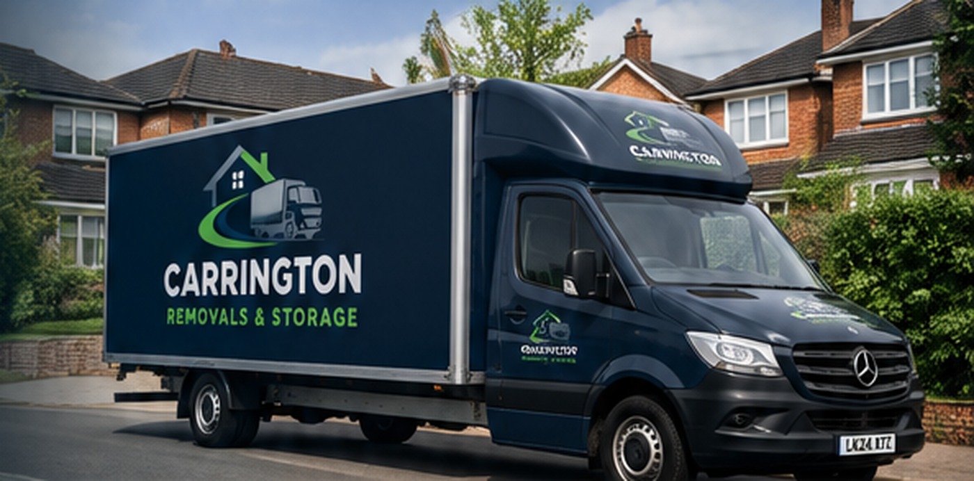 Carrington Removals and Storage branded removal vehicle outside a UK home